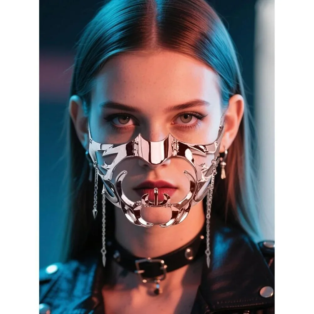 Cyberpunk Metal Half Mask Unisex Adjustable Chain for Masquerades Fest